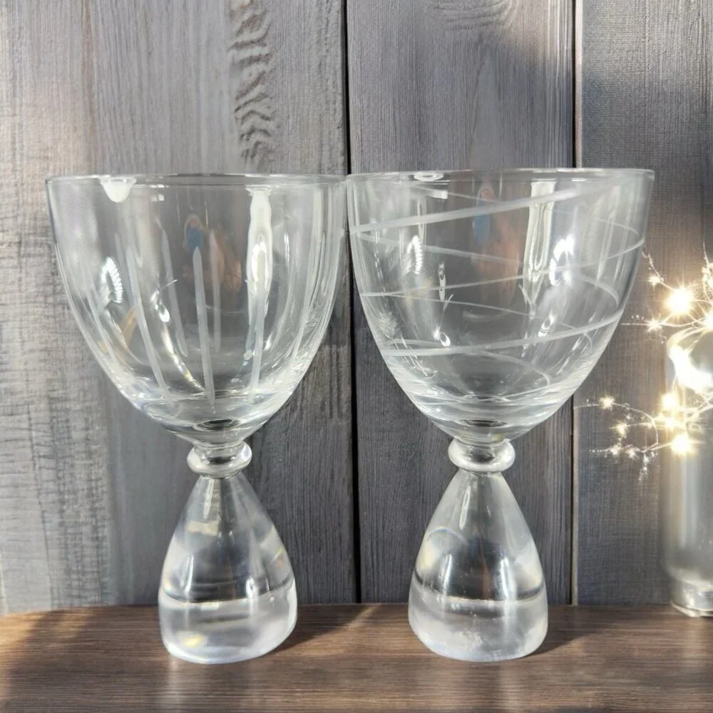 Vintage Clear Etched Glasses Drinking Cups‎ Set 2 Elegant Crystal Glass Barware